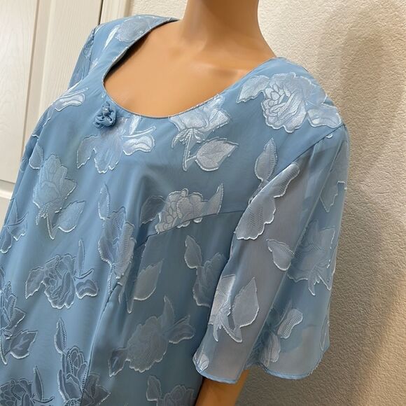 More Jazz Baby Blue  Dress Scoop Neck Short Sleeve Floral Appliqué Sheer Lined - Picture 3 of 9
